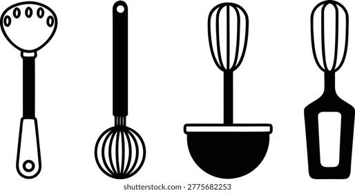 A set of four stylized kitchen tool icons presented in a flat black and white design. From left to right, the utensils include a potato masher with a circular head and holes, a balloon whisk with a long handle, a ladle or bowl-shaped scoop with a whisk-like attachment above it, and a spatula-like tool with a whisk head. The icons use bold black outlines and solid fills to create a clean, modern look suitable for culinary or cooking-related graphics.