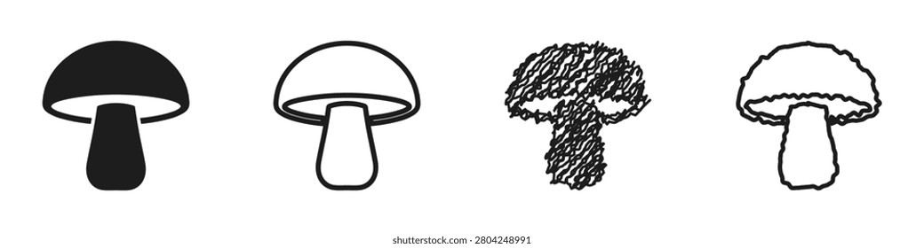A set of four stylized mushroom graphics, including solid silhouette, outline, sketch, and textured line art representations