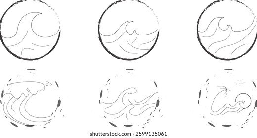 Set of four stylized ocean wave illustrations in a simple, hand-drawn design.