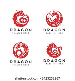 Conjunto de cuatro logotipos estilizados de dragón rojo con texto de marcador de posición