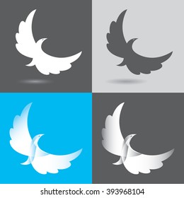Set of four stylized rising flying bird icon in grey, blue, white colors. Phoenix, pigeon or swallow image. Vector illustration. Works well as a tattoo,  emblem, print or mascot. Line art