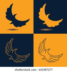Set of four stylized rising flying bird icons in black and orange colors. Phoenix, pigeon or swallow image. Vector illustration. Works well as a tattoo, emblem, print or mascot. Line art