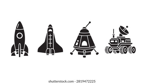 Set of four stylized rocket icons representing space exploration