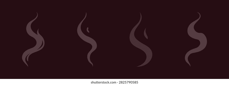 Set of four stylized smoke or steam swirl vectors in soft muted tones on a dark burgundy background, suitable for aroma icons, heat graphics, food packaging, spa branding, posters, motion effects, and decorative designs.