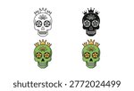 A set of four stylized sugar skull illustrations, featuring traditional decorative eyes and wearing crowns. Ideal for Dia de Muertos, Halloween, or cultural themes in design and marketing.