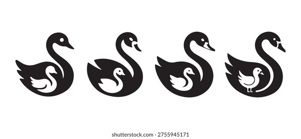 Set of Four Stylized Swan Icons with Cygnets, Black and White Silhouette, Motherhood and Family Concept.