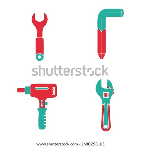 A set of four stylized tool icons, including a wrench, Allen key, power drill, and adjustable spanner, depicted in a red and teal color scheme against a white background.