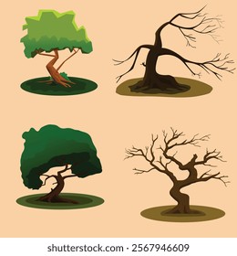 A set of four stylized tree illustrations, showcasing diverse forms and seasonal appearances. Two trees are lush and green, while the other two are leafless