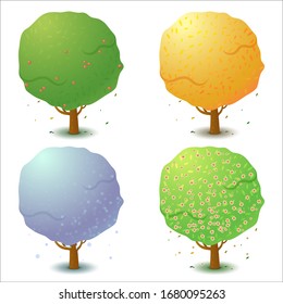 Set of four stylized trees in different seasons of the year. Game UI flat. Template for logo design, decorating clothes, build 2D games or postcards. Isolated stock illustration on white background.