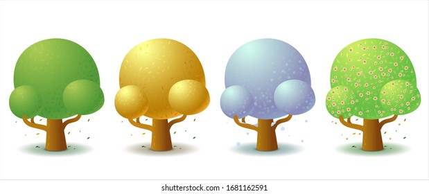 Conjunto de cuatro árboles estilizados en diferentes temporadas del año. Interfaz de usuario de juego plana. Plantilla para el diseño del logotipo, la decoración de la ropa, la construcción de juegos 2D o postales. Ilustración aislada de fondo blanco.