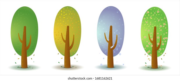 Set of four stylized trees in different seasons of the year. Game UI flat. Template for logo design, decorating clothes, build 2D games or postcards. Isolated stock illustration on white background.