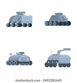 Set aus vier stilisierten Vektorgrafik-Grafiken mit verschiedenen militärischen Panzer-Designs auf weißem Hintergrund