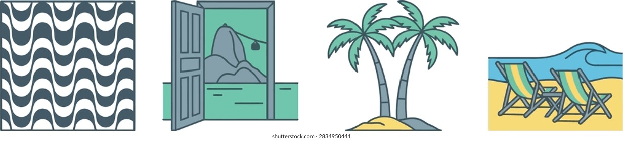 A set of four stylized vector icons depicting iconic elements of Rio de Janeiro including the sidewalk pattern, Sugarloaf Mountain, palm trees, and beach chairs.