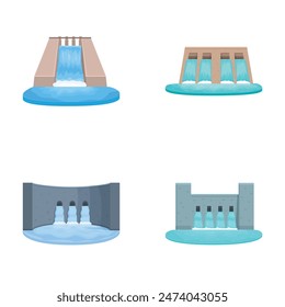 Set of four stylized vector illustrations of hydroelectric dams in various designs, isolated on white