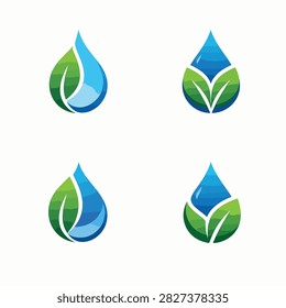 Set of four stylized water droplet and green leaf logo icons