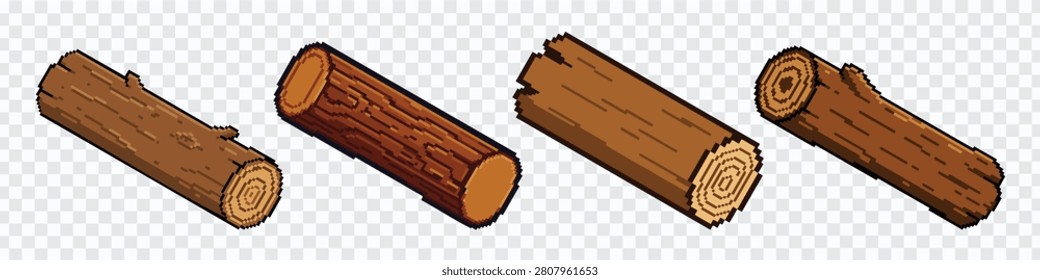 Set of four stylized wooden log illustrations with visible bark texture, cut ends and varied shapes, ideal for forestry graphics, camping designs, firewood icons, rustic decorations, game assets, stickers and nature projects.