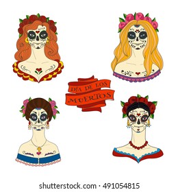 Set of four sugar skull women. Dia de los Muertos (the Day of the Dead)