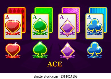 Set of the four suits of Ace playing cards for poker and casino. Set of hearts, spades, clubs and diamonds Ace. Icons on separate layers.