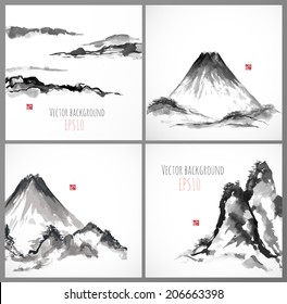 Set of four sumi-e compositions with mountains. Vector illustration.Traditional japanese ink painting.