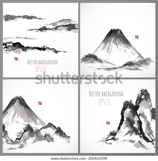 山と墨絵の4組 ベクターイラスト 日本の伝統的な墨絵 のベクター画像素材 ロイヤリティフリー