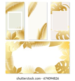 Set of four summer banner templates with tropical leaves background in gold. Perfect invitation for different events such a pool, beach or birthday party, wedding. 