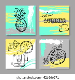 Set of four summer cards with pineapple, hat, suitcase, camera, bicycle. Hand drawn summer elements over colorful grunge background. Collection of greeting cards. Summer time theme. Vector illustration