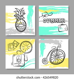 Set of four summer cards with pineapple, hat, suitcase, camera, bicycle. Summer elements over colorful grunge background. Collection of greeting cards. Summer time theme. Vector illustration