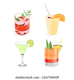 Set with four summer cocktails isolated on a white background. Vector illustration.