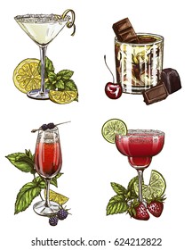 Set of four summer cocktails, vector illustration, color hand drawn sketch