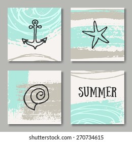 A set of four summer design greeting cards in black, white and pastel blue and sand colors.