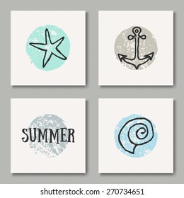 A set of four summer design greeting cards in black, white and pastel blue and sand colors.