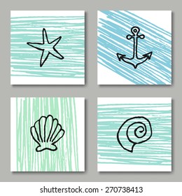 A set of four summer design greeting cards in black, white and pastel blue and green colors.