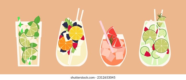 Set of four summer drinks. Summer cocktails collection. Vector illustration of refreshing drinks with ice, fruits, lime, orange, berries and straw. Banner with soft and alcoholic beverages.