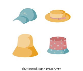 A set of four summer hats, panamas and caps. Headwear for women and young girls for the beach or walking in hot weather.Vector illustration in a flat style, isolated on a white background.