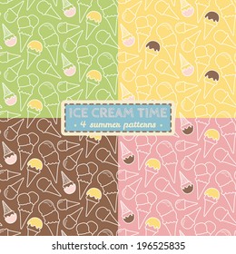 Set of four summer ice cream patterns on different backgrounds (pistachio (mint), vanilla(melon),chocolate,strawberry(raspberry))