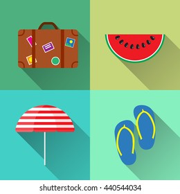 Set of Four summer icons - Suitcase, Parasol, Step-ins and Watermelon in flat style with long shadow.