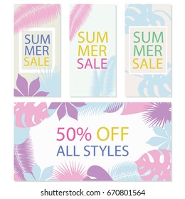 Set of four summer sale banner templates with tropical leaves background in pale baby blue, pink and purple colors. Perfect invitation for different events such a pool, beach, 
birthday party, wedding
