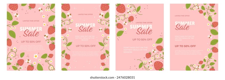 Set of four summer sale posters with a pink background, decorated with strawberries, bees, and flowers. The posters advertise a limited-time offer with discounts.