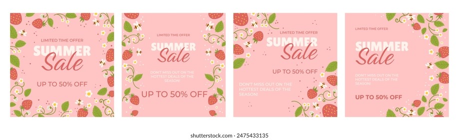 Set of four summer sale social media post, pink background with strawberries, bees, and flowers. Post feature text promoting a limited-time offer. Bright and playful, ideal for seasonal promotions.