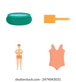 Set of four summer swim icons including a pool, float, swimming trunks, and life vest