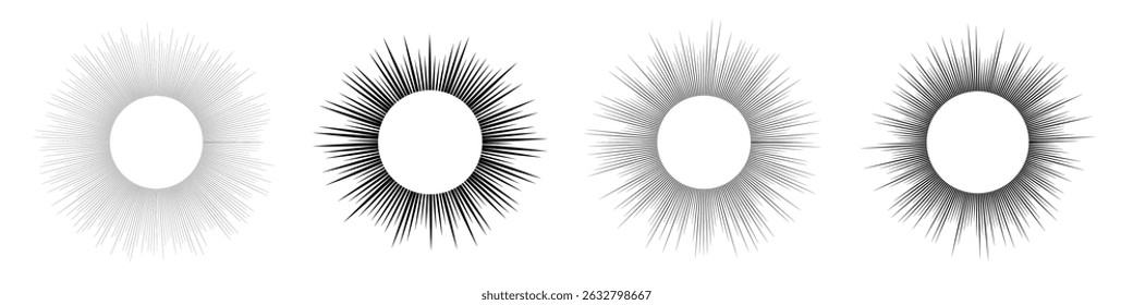 Set of four sun symbols. Black sun rays on white background. Vector illustration
