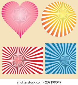 Set of four sunburst pattern with heart shape. Vector illustrator