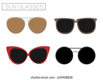 A set of four sunglasses. Summer time. Isolated objects.