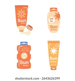 Set of four sunscreen bottles and tubes with SPF 50. Perfect for sun protection, skincare, and summer themes.