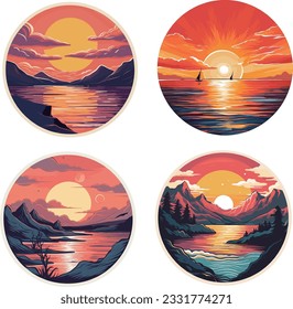 Set of four sunsets in the mountains and sea. Vector illustration