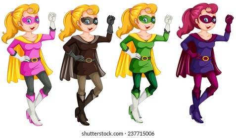 Set of four superwomen in costumes