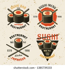 Set of four sushi colored vector emblems, labels, badges or logos in vintage style on background with texture