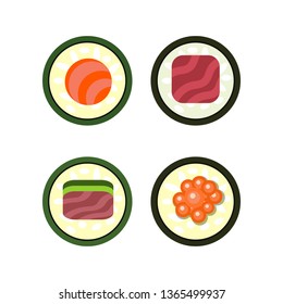 Set of four sushi rolls flat icon. Maki, Japanese restaurant, fish dish. Asian food concept. Vector illustration can be used for topics like food, menu, traditional cuisine