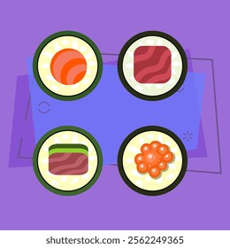 Set of four sushi rolls flat illustration. Maki, Japanese restaurant, fish dish. Asian food concept. Vector illustration can be used for topics like food, menu, traditional cuisine