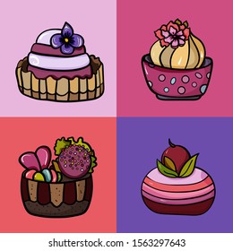 Set of four sweet for any event. 4 desserts in the collection. Cake from the Confectionery, Cafeteria. Sweet pastries for Birthday, Christmas, New Year, Baby Shower. Vector illustration
